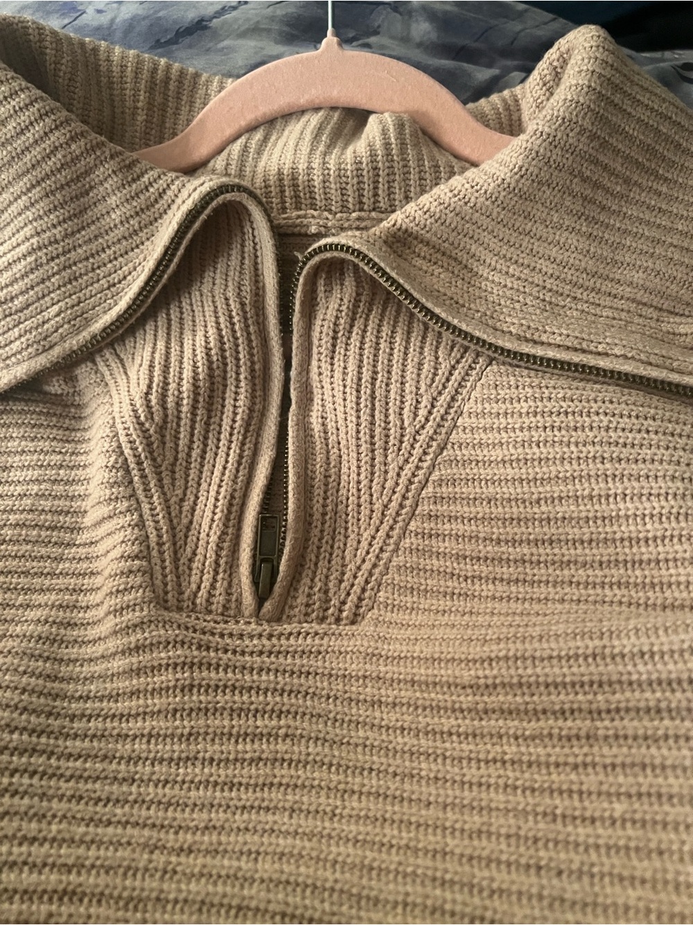 Quarter-Zip Knit Pullover in Beige